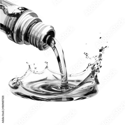 Black and white halftone illustration of liquid being poured from a bottle, creating a splash. Minimalist concept of fluid motion, beverage, freshness, and dynamic pouring isolated on white.