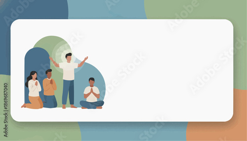 A group of diverse people in a moment of prayer, with a white banner for text overlay. The image captures a serene atmosphere and spiritual unity