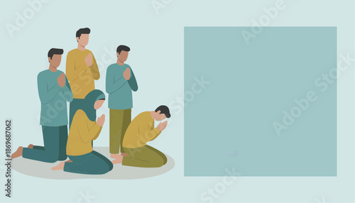 A group of individuals in prayer, demonstrating unity and faith with empty space