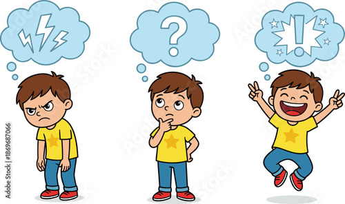 Child emotions cartoon illustration set, angry thinking happy boy with thought bubbles, feelings development concept isolated white background