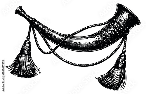 Hand drawn line art illustration of a hunting horn depicting a vintage style for traditional design