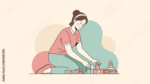 Woman Playing with Building Blocks, Childhood Innocence, Creative Play