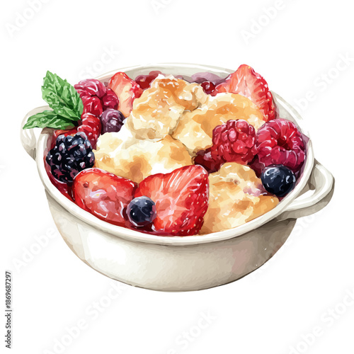 Fruit Cobbler, watercolor painting, vector illustration, isolated on a white background.