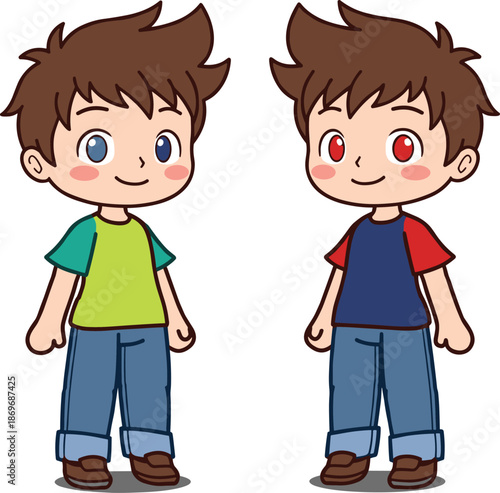 Cute cartoon twin boys illustration, smiling child characters wearing colorful shirts, friendly kids avatar design isolated white background
