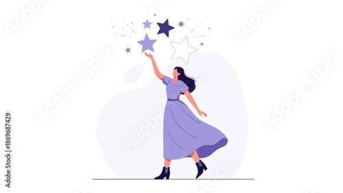 Woman Reaching for Stars, Achieving Goals, Rating System Concept