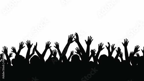 Crowd of people raising hands in unison at a concert or event, captured from a low viewpoint