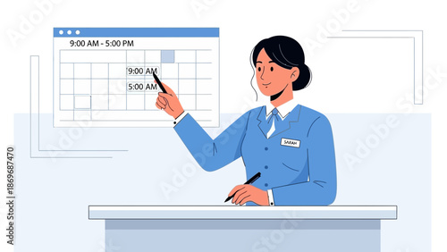 Woman scheduling appointments on a digital calendar grid, business meeting planner, time management.