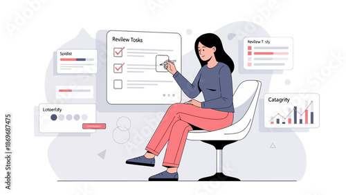 Woman reviewing tasks on a digital board, planning and organization concept