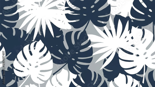 Tropical leaves pattern featuring monstera and palm fronds in white and navy blue