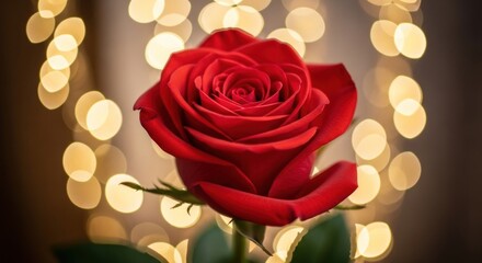 A single red rose with a blurred background of fairy lights.