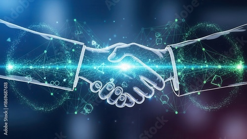 Abstract corporate partnership handshake with particle network and modern technology connection