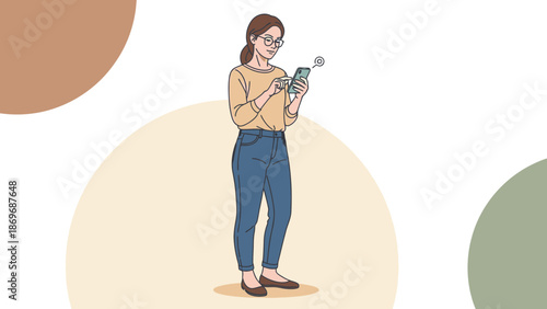 Woman using smartphone with location pin icon, modern illustration, lifestyle concept.