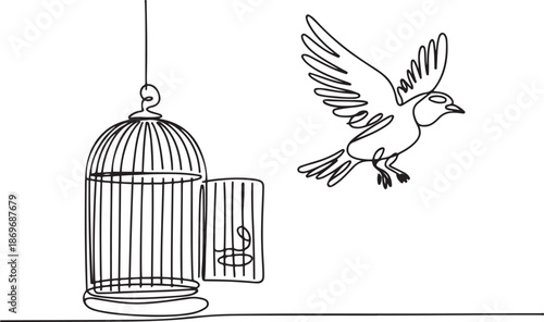 Bird released from birdcage in continuous line art drawing style. Bird flying away from open cage.one line  vector illustration  with out background