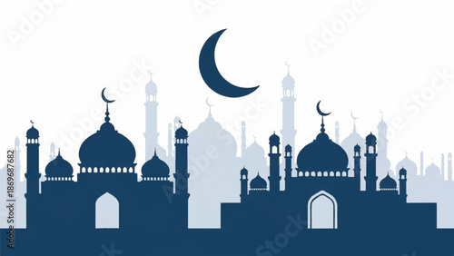 A serene illustration of a mosque skyline with crescent moons during a peaceful night