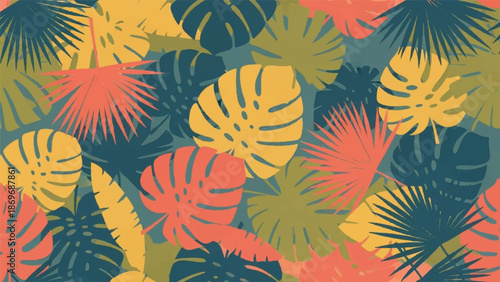 A vibrant illustration of tropical leaves in various colors against a warm background, viewed from directly above