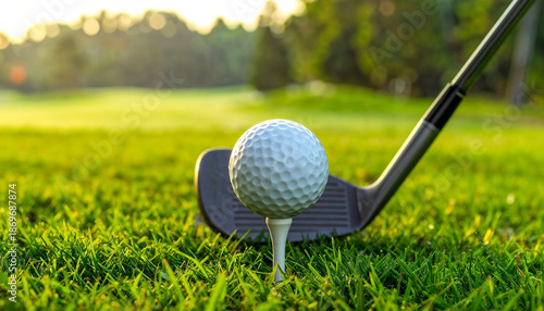 A golf ball on a tee in front of a golf club on a lush green grass field