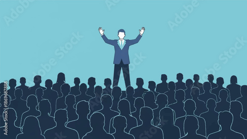 A businessman stands triumphantly on a stage with arms raised in front of a large audience