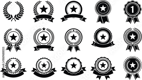 Award badge and laurel wreath emblem vector set with star ribbons seals and achievement symbols isolated
