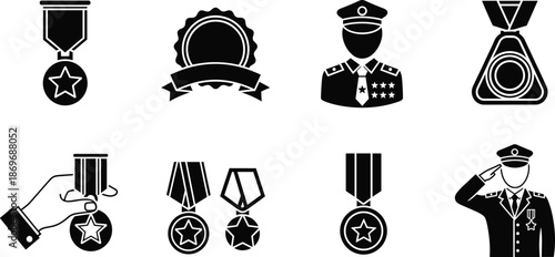Military medals and officer icons set with awards badges decorations and uniform silhouettes isolated on white background vector