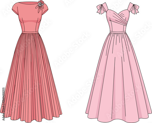 Elegant Pink Evening Gown Dress Illustration Set, Pleated Skirt And Bow Strap Formal Women Fashion Vector Design