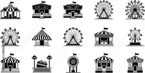 Amusement park and carnival outline icon set with ferris wheel carousel pavilion circus tents and fair attractions vector