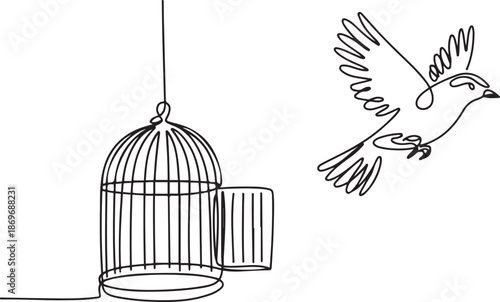 Bird released from birdcage in continuous line art drawing style. Bird flying away from open cage.one line  vector illustration  with out background