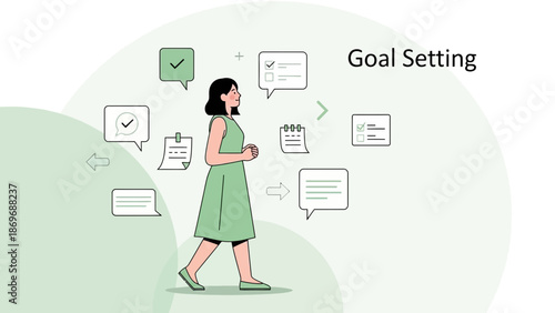 Woman with Goal Setting Checklist and Tasks, Planning Future Success, Business Strategy