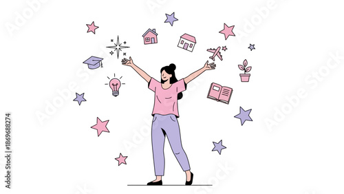 Woman with outstretched arms surrounded by symbols of dreams and aspirations