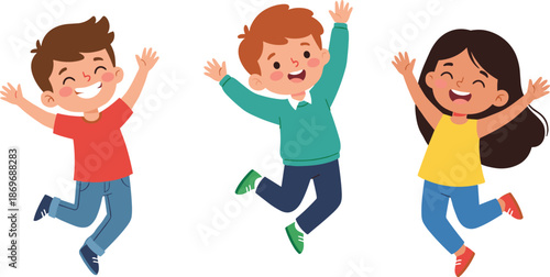 Happy children jumping cartoon illustration, joyful kids celebrating together, cheerful friendship fun activity isolated white background design