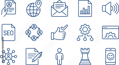 Business Strategy and Digital Marketing Line Icons Set for SEO Optimization Global Management Teamwork Planning Analysis Corporate Growth and Social Communication