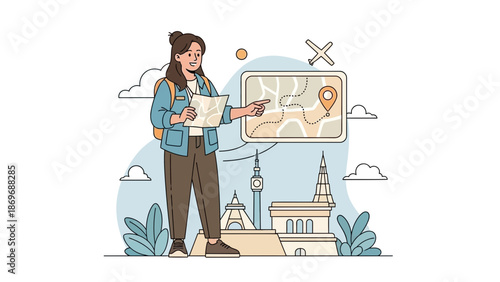 Woman with map planning travel route, exploring landmarks, travel planning concept