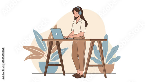 Woman working on laptop at standing desk with headphones, surrounded by plants
