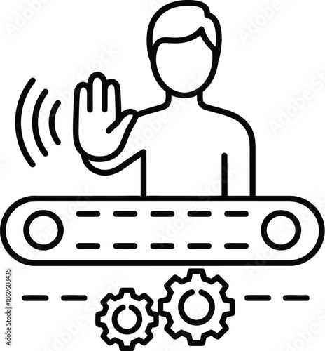 A person stopping a conveyor belt with a hand gesture in a factory setting