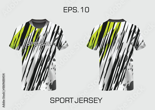 Modern Sport Jersey Design with Bold Stripes and Sponsor Text for Athletic Apparel Use