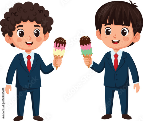 Happy schoolboys eating ice cream, cute cartoon children enjoying dessert together, friendship concept illustration isolated white background