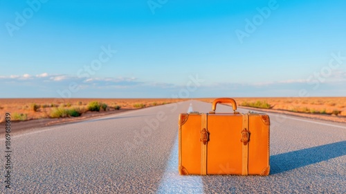 A vintage leather suitcase standing in the middle of an empty desert road, vanishing point on horizon, sunset light, metaphor for starting a new journey