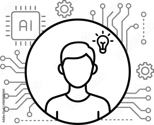 A minimalist illustration of a person surrounded by AI and technology symbols