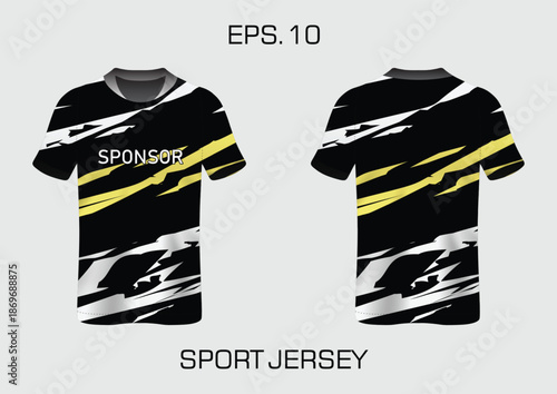 Dynamic Sport Jersey Design Featuring Bold Stripes and Sponsor Text for Athletic Wear