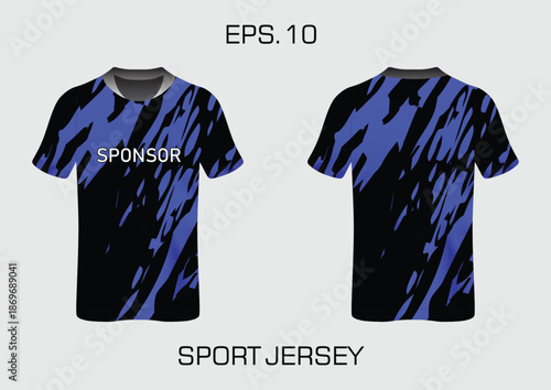 Blue and Black Sport Jersey Design with Sponsor Label for Casual Wear or Athletic Use