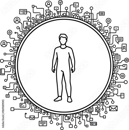 A minimalist line drawing of a person surrounded by various technological and social media icons in a circular pattern.