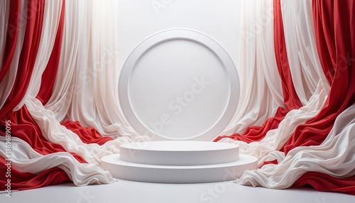 White cylindrical display pedestal centered with dramatic flowing red and white draped fabric curtains