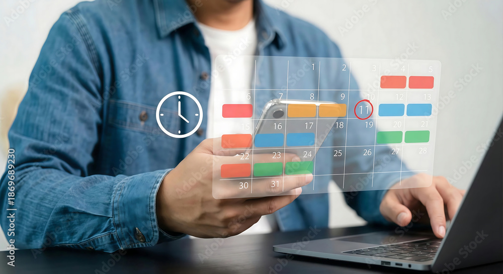 Obraz premium Businessman Using Smartphone and Laptop to Manage Schedule with Digital Calendar Hologram and Time Management Icons