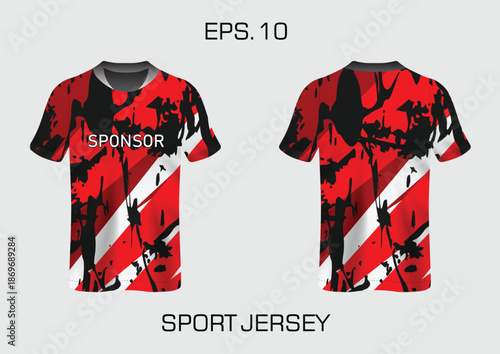 Stylish Red and Black Sport Jersey Design with Eye-Catching Pattern and Sponsor Space
