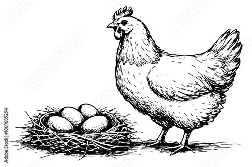 Hand drawn line art illustration of a hen and nest of eggs depicting farm life for agricultural design