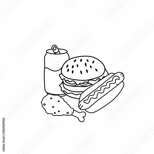 fast food Junk Meals Collection Pizza, burger, soda, hot dog, donut Perfect for menu or food package design