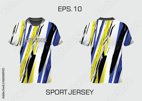 Colorful Sport Jersey Design with Stripes and Sponsor Text in Bold Graphic Style