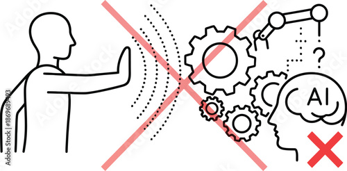 A person rejects artificial intelligence with a stop sign in a simple line drawing.