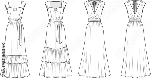 Women Elegant Maxi Dress Fashion Technical Sketch Illustration, Sleeveless Belted Evening Dress Front Back View Vector