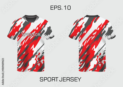 Modern Sport Jersey Design with Red, Grey, and White Camouflage Patterns for Athletes