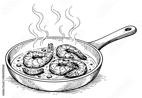 Hand drawn line art illustration of shrimps cooking in a pan depicting steaming for a seafood dish